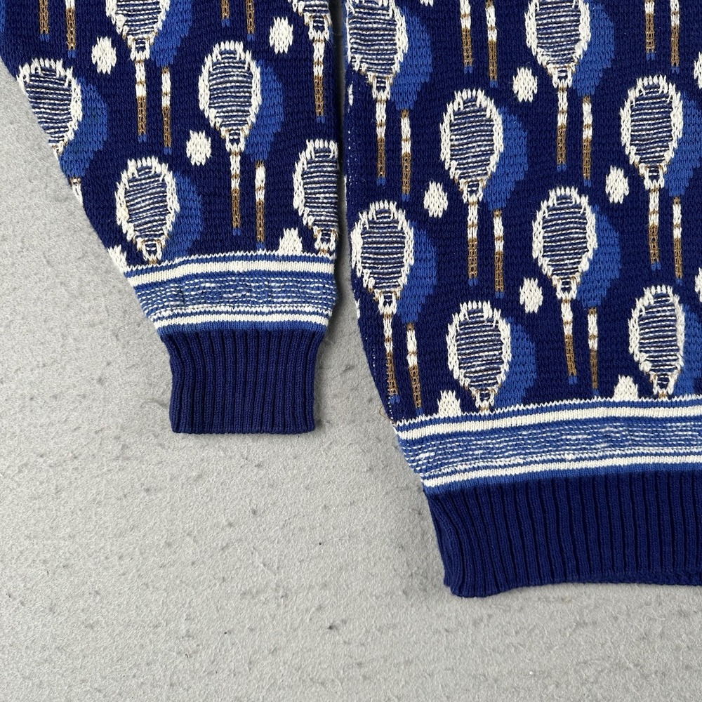 Vintage Tennis Sweater Men's Medium Blue AOP Racket V Neck Knit Pullover - Picture 10 of 16
